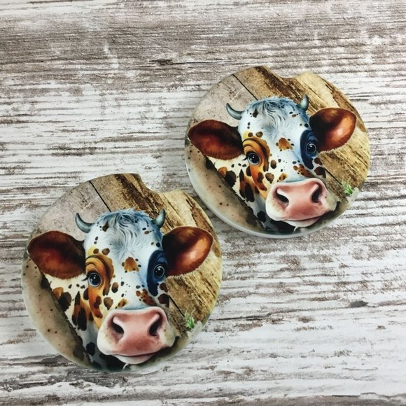 Peeking Cow Rustic Car Coasters Set of 2 - Picture 4 of 5